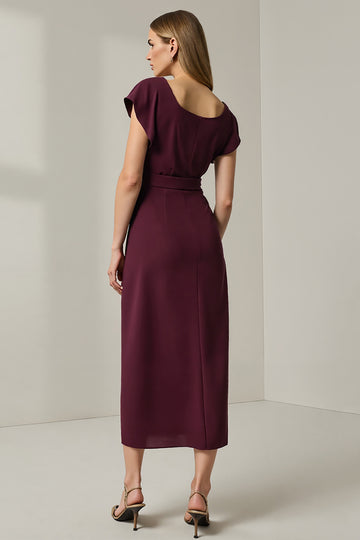 Dark Red Sheath Midi Work Dress with Sash
